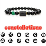 Flyshadow Classic 12 Constellation Beaded Bracelet Couple Natural Black Onyx Stone Elastic Zodiac Bracelet For Women Men Birthday Gift