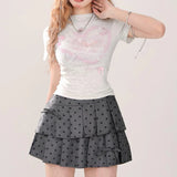 Flyshadow Kawaii Pleated Bow Mini Skirt Grey Sexy Sweet Dot Irregular Short Skirts Coquette Patchwork Casual Preppy Style Skirt