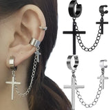 Flyshadow Punk Cross Tassel Earrings Women Integrated Clip Stud Earring Christian Gothic Hip Hop Jewelry Metal Chain Ear Ring Earring Men