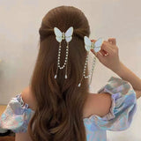 Flyshadow Fashionable Butterfly Long pearl Fringe Hair Clip Crab Claw Headdress mini Ponytail Barrette Hair Accessories For Women Ornament