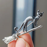 Flyshadow Creative Enamel Riding Magic Broomstick Cat Brooches For Women Men Fashion Cartoon Animal Brooch Clothing Accessories Jewelry