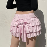 Flyshadow Coquette Pink Sexy Mini Skirt Women Ruffle Bow Sweet Kawaii Layered Short Skirt Lolita Pleated Solid Y2k Casual Skirts