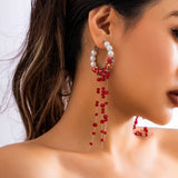 Flyshadow Style Pearl Dangle Earrings with Crystal Tassel Creative Halloween Blood Drop Long Earrings for Women Customized Jewelry