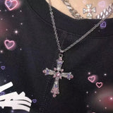 Flyshadow Fashion Y2K Punk Pink Purple Zircon Cross Necklace for Woman Rhinestone Pendant Clavicle Chain Charm Party Jewelry Accessories