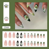 Flyshadow 24pcs 3D Green Gradient Flowers Decor Fake Nails Press On Acyrlic Nails Long Almond Tip False Nails French y2k Nails Wearable