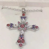 Flyshadow Fashion Y2K Punk Pink Purple Zircon Cross Necklace for Woman Rhinestone Pendant Clavicle Chain Charm Party Jewelry Accessories