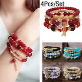 Flyshadow 4 PC/set Fashionable Tassel Elastic Bracelet Bohemian Ethnic Style Sweet Handmade Beaded Multi Layered Bracelet for Women