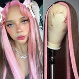 Flyshadow Highlights Pink Wig Synthetic Lace Front Wigs For Women Pink Highlights Wigs Brown Long Silky Straight Lace Hair Cosplay Party