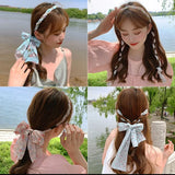 Flyshadow Elegant Pearl Hair Bands for Woman Fashion Long Ribbon Bow Girls Head Bands Pearl Braid Headbands Women Accessories scrunchie