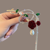 Flyshadow Fashion Retro Rose Flower Tassel Hair Clip Korean Style Elegant One Word Ponytail Clip Women Party  summer  accessories