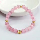 Flyshadow Charming Pink Crystal Bracelet for Womne Peach Blossom Cat Eye Stone Beads Tennis Bracelet Fashion Jewelry Sweet Girls Accessory