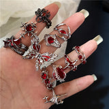 Flyshadow Irregular Red Crystal Glass Heart Aesthetic Rings For Women Y2K Gothic Animal Spider Ring Creative Grunge Jewelry Accessories