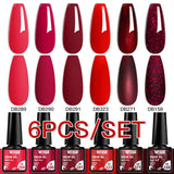 Flyshadow 2/6Pcs Gel Nail Polish Set Red Glitter Sequins Gel Semi Permanent Varnish Soak Off UV LED Nails Art Manicure Base Top Coat Kits