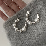 Flyshadow Exquisite C Shape Earrings Irregular Silver Color Beaded & Pearl Semicircular Dangle Earrings for Women Party Fashion Jewelry