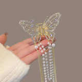 Flyshadow New Butterfly Pearl Tassel Hairpin Fashion Simple Side Clip Ponytail Claw Clip Elegant Women's Hair Clip Headdress Party Gifts