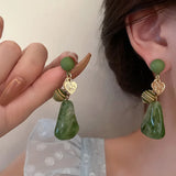 Flyshadow Retro Bead Heart Triangle Earrings for Women High Quality Green Jade Fashion Jewelry Unique Ear Decoration Fast Shipping Items