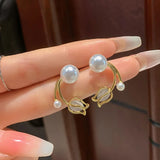 Flyshadow Fashion Flower Stud Earrings for Women Elegant Jewelry Cute Sweet Golden Imitation Pearl Opal Tulip Twist Bend Earrings