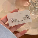 Flyshadow Y2K 6Pcs/set Silver Color Rhinestone Butterfly Stud Earrings for Women Fashion Punk Heart Earring Sets Trendy Jewelry Gifts