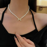 Flyshadow Trend Wedding Party Jewelry Pearl Bow Pendant Choker Necklace For Women Elegant White Imitation Pearl Chain Necklaces X0201