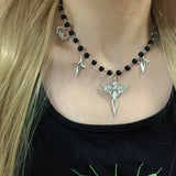 Flyshadow Punk Sard Cross Choker Cool Accessory Angel Heart Pendant Necklace Women Goth Jewelry Egirl Aesthetic Grunge Rock Korean Fashion