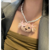 Flyshadow Pink Love Bow Women's Necklace 2024 Imitation Pearl Plush Bear Luxury Banquet Clavicle Chain For Women Jewelry Accessories New