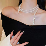 Flyshadow Bohemian Style Imitation Pearl Women's Necklace Luxurious Exaggerated Long Adjustable Wedding Party Necklace For Women  Jewelry