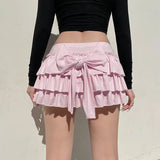 Flyshadow Coquette Pink Sexy Mini Skirt Women Ruffle Bow Sweet Kawaii Layered Short Skirt Lolita Pleated Solid Y2k Casual Skirts