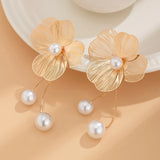 Flyshadow Romantic Flower Petal Long Tassel Drop Earrings for Women 2024 Trend Imitation Pearl Hanging Piercing Earrings Wedd Jewelry Gift