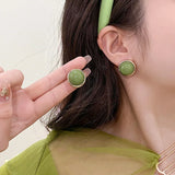 Flyshadow Trendy Green Round Stud Earrings for Women Party Classic Jewelry Golden Color Geometry Beans Shape Earrings