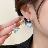 Flyshadow Korean Zircon Mang Star Ring Heart Earrings Sweet Cool Cream Blue Earrings Birthday Party Jewelry Gift Accessories