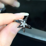 Flyshadow Punk Gothic Metal Zircon Star Black Ring for Women Vintage Irregular Adjustable Rings Grunge Jewelry Accessories