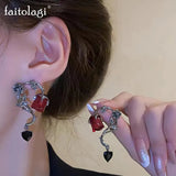 Flyshadow New Gothic Red Rose Tassel Earrings Vintage Crystal Thorn Flower Dangle Earring Y2K Goth Asymmetric Long Chain Drop Earrings