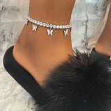 Flyshadow Fashion Women Gold Butterfly Pendant Ankle Bracelet Summer Beach Bling Bling Diamond Tennis Anklet For Girlfriend Gift