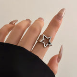 Flyshadow Punk Hollow Out Thick Geometric Star Open Ring for Women Men Minimalist Silver Color Ring Party Hip Hop Jewelry