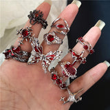 Flyshadow Irregular Red Crystal Glass Heart Aesthetic Rings For Women Y2K Gothic Animal Spider Ring Creative Grunge Jewelry Accessories