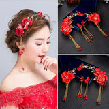 Flyshadow Fashion Red Flower Head Decor Bridal Tiaras Headband Headpiece Wedding Crowns Earring Jewelry Accessories for Women Gifts