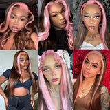 Flyshadow Highlights Pink Wig Synthetic Lace Front Wigs For Women Pink Highlights Wigs Brown Long Silky Straight Lace Hair Cosplay Party