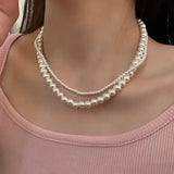 Flyshadow Fashion Double Pearl Necklace For Women Choker Jewelry White Round Wedding Classic Elegant 4mm And 8mm Handmade Necklace Gift