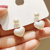 Flyshadow Elegant Imitation Pearl Heart Drop Earrings for Women Wedding Party Sweet Jewelry 2 in 1 Round Charms Temperament Dangle Earring