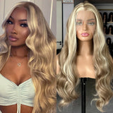 Flyshadow Brown Wig with Ash Blonde Highlights Synthetic Hair Long Wavy Loose Body Wave Streaks Money Piece 13X4 Frontal Wigs for Women