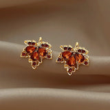 Flyshadow Red Maple Leaf Stud Earrings for Women 2024 New Fashion Brand Jewelry Crystal Leaves Vintage Temperament Earrings Accessories