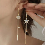 Flyshadow New Trend Star Earth Long Tassel Dangle Earrings For Women Planet Crystal Statement Pendant Earrings Wedding Party Jewelry