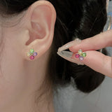 Flyshadow Simple Crystal Flower Earrings for Women Colorful Jewelry Cute Sweet Small Square Stud Earrings Accessories