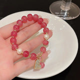 Flyshadow Pink Strawberry Crystal Bracelet for Women with Natural Micro-inlaid Heart Pendant Fine Jewelry Sets High Quality Wristbands