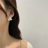 Flyshadow Fashion White Flower Stud Earrings for Women Cute Korean Imitation Pearl Elegant Petal Small Earrings Girls Gift Simple Jewelry