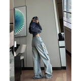 Flyshadow Women Blue Jeans Hip Hop Streetwear High Waist American Wide Leg Pants Fashion Y2K Style Female Winter Straight Trousers