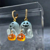 Flyshadow Fashion Halloween Ghost Drop Stud Earrings Women Girl Cute Punk Pumpkin Stainless Steel Jewelry Crystal Hook Dangle Party Gifts