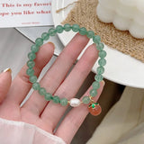 Flyshadow Unique Crystal Bracelet with Green Strawberry and Peach Charm Pendant Fine Jewelry for Women Ideal Gift for Girlfriend Free Ship