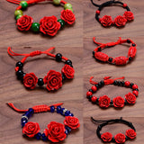 Flyshadow Charm Red Rose Bracelet For Women Handmade Lacquer Carved Cinnabar Flower Adjustable Rope Beaded Bracelet Ethnic Accessories