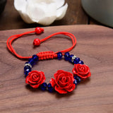 Flyshadow Charm Red Rose Bracelet For Women Handmade Lacquer Carved Cinnabar Flower Adjustable Rope Beaded Bracelet Ethnic Accessories